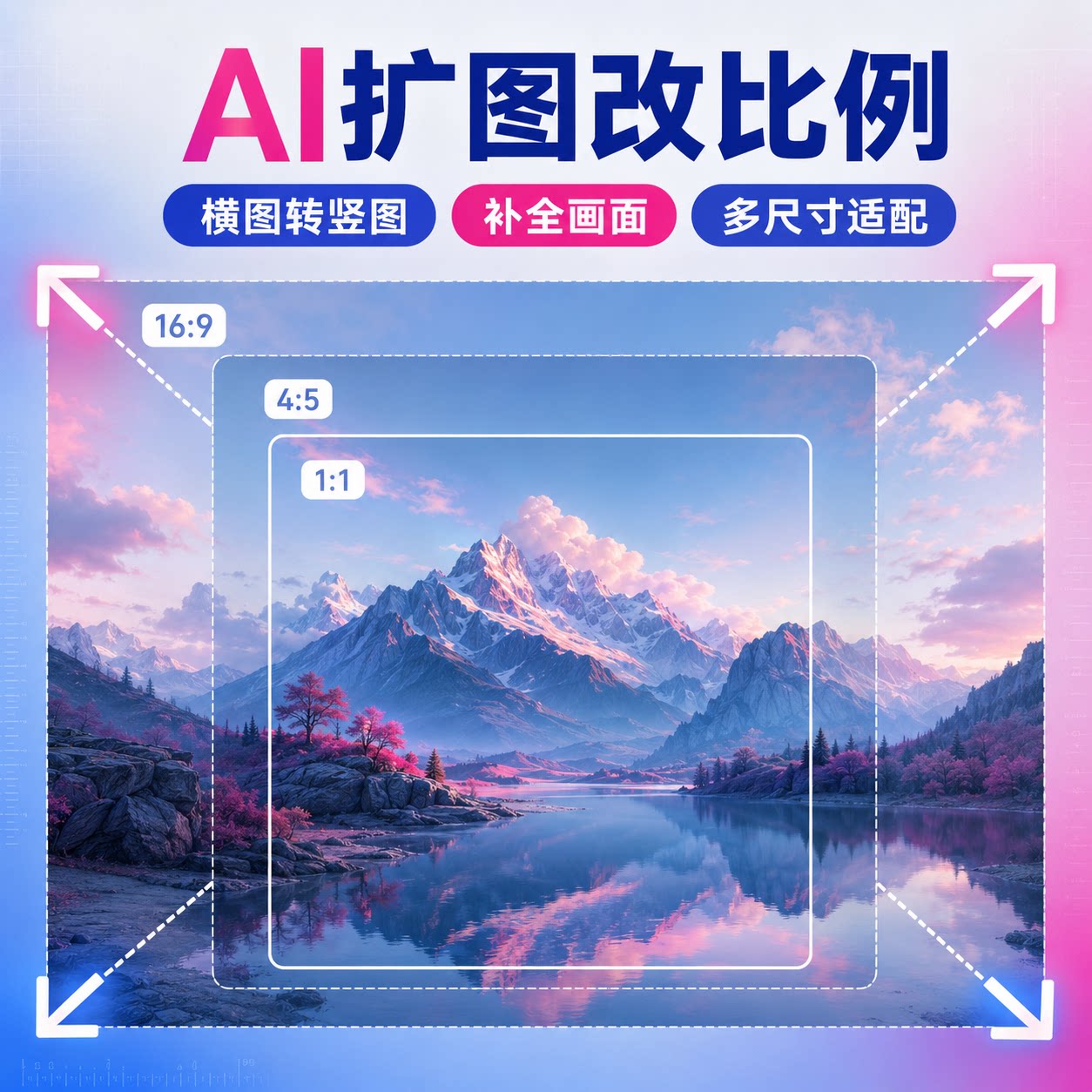 AI扩图改比例横图转竖图补全背景图片延展多尺寸高清细节图片