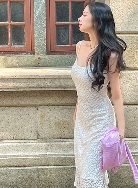 白色吊带裙女夏小个子法式高级感收腰雪纺提花连衣裙夏