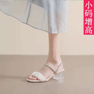 小个子高跟鞋粗跟水晶夏季新款一字带百搭中跟小码女鞋凉鞋313233