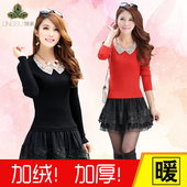 秋冬新款 毛衣裙 针织连衣裙加绒加厚蕾丝拼接假两件修身 女装 韩版