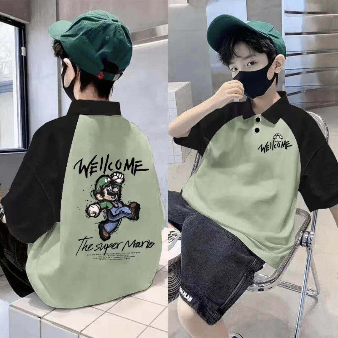 男大童韩式撞色POLO衫男童短袖宽松潮流卡通印花T恤纯棉翻领上衣