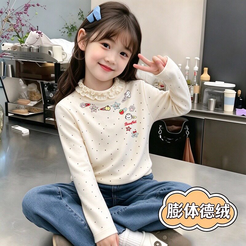 女童冬季德绒假两件卡通花边波点圆领保暖上衣荷叶边外穿打底长袖