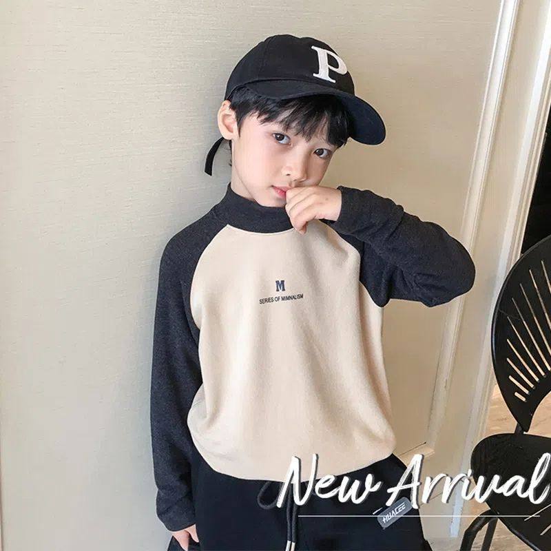 男童高领撞色长袖打底衫秋冬加绒保暖上衣儿童时尚体恤衫