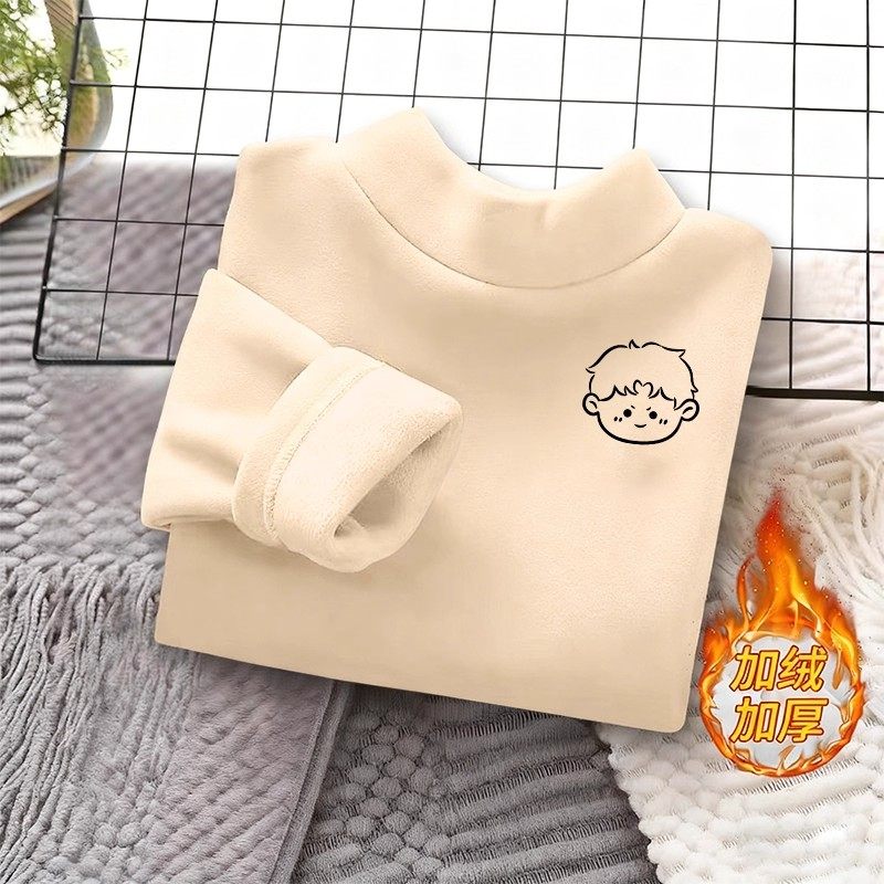 儿童一体绒德绒发热半高领加绒加厚长袖男女童保暖内衣打底上衣