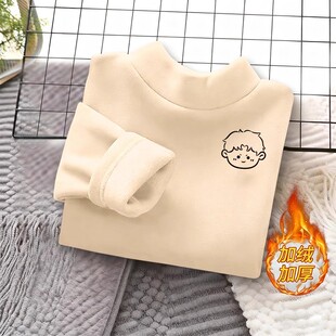 儿童一体绒德绒发热半高领加绒加厚长袖男女童保暖内衣打底上衣