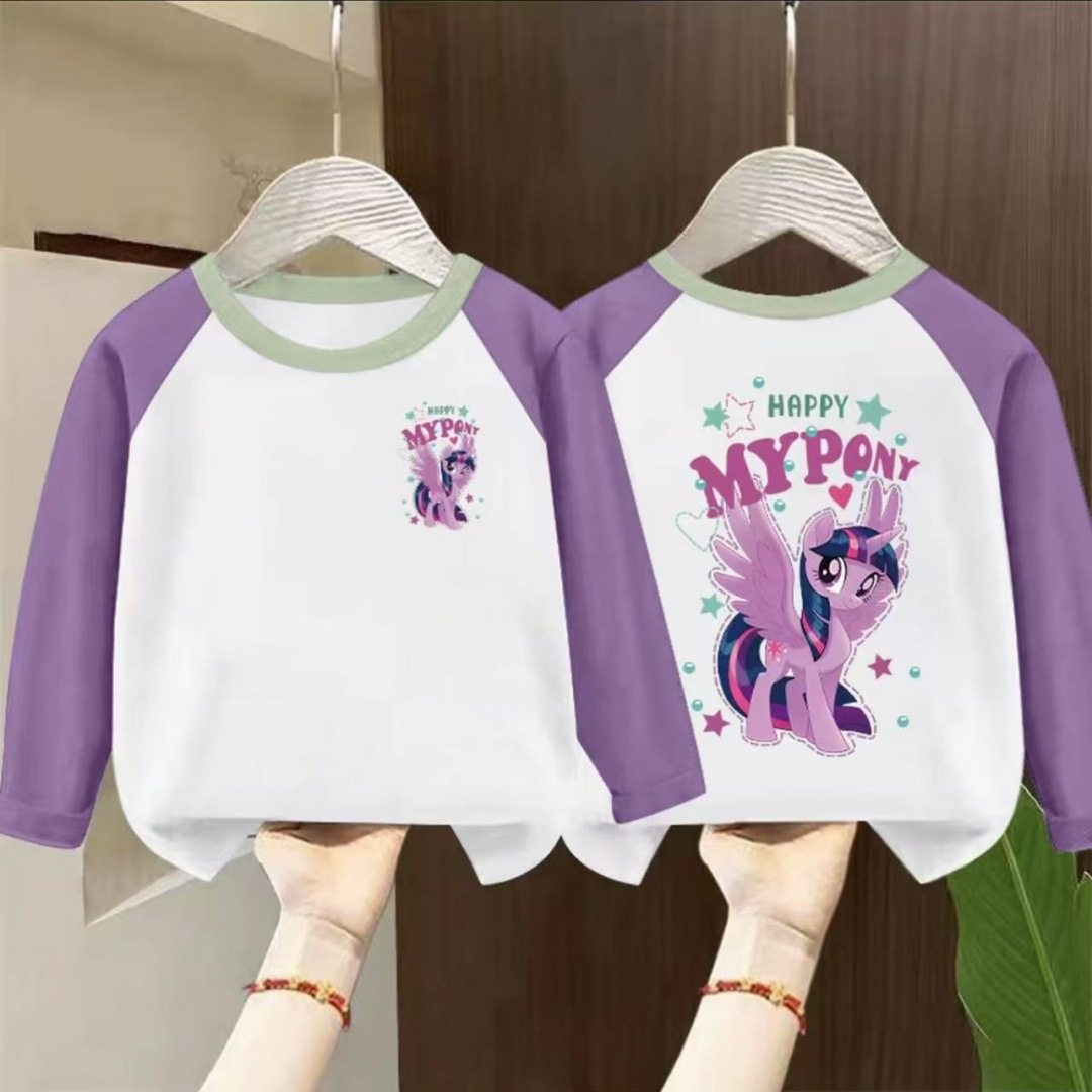 多巴胺小马宝莉印花假两件长袖T恤男女童拼接纯棉圆领打底衫上衣