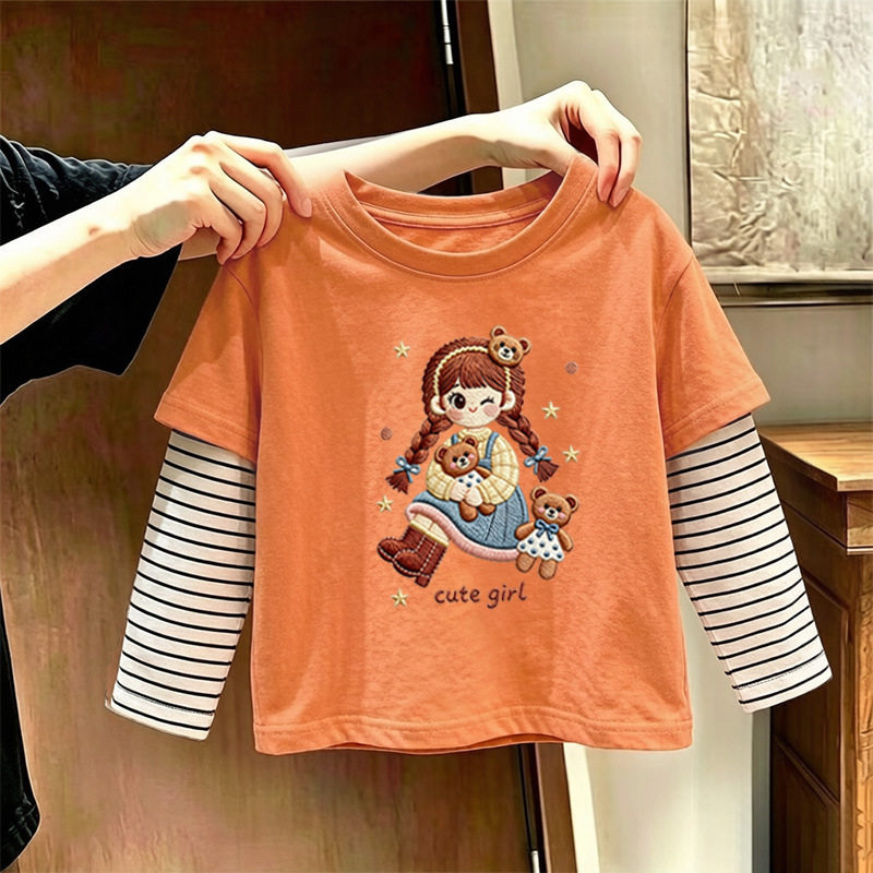 女童纯棉假两件条纹上衣