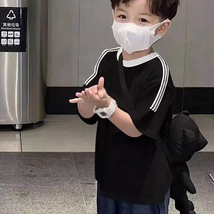 韩式学院风运动三条杠条纹T恤男女童短袖圆领宽松重磅纯棉上衣夏