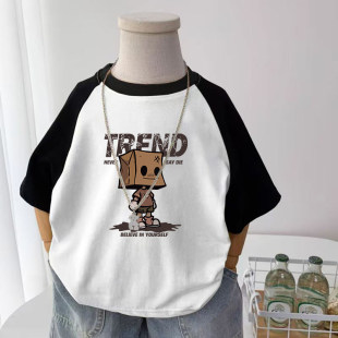 韩式卡通印花短袖T恤男女童撞色拼接圆领宽松纯棉体恤潮牌上衣