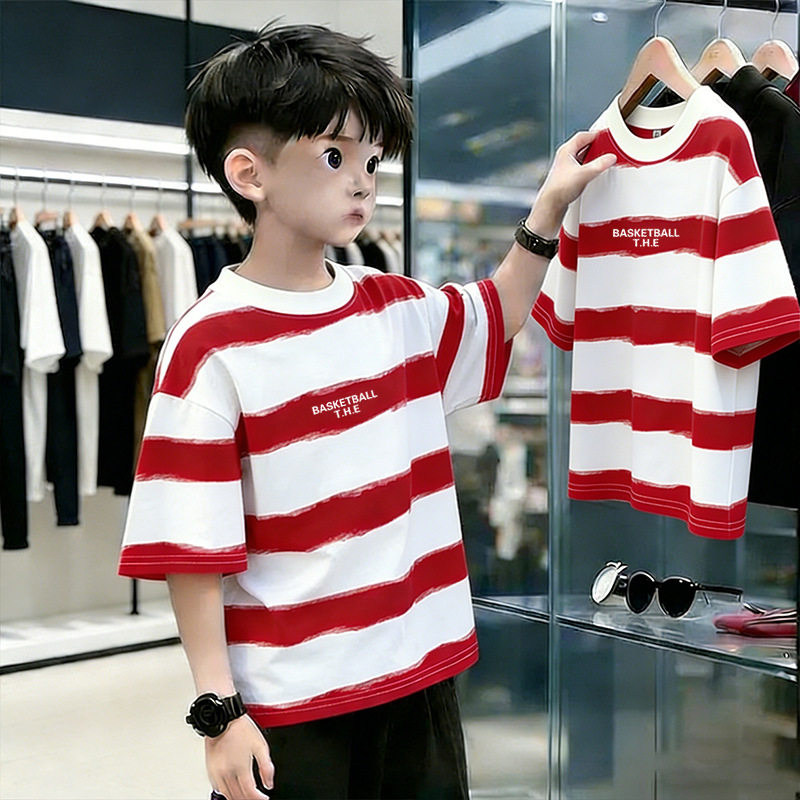 少年风帅气条纹短袖T恤男童宽松圆领字母印花上衣红白条纹半袖