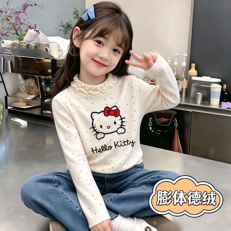 中小童卡通女童德绒波点印花长袖T恤高领保暖荷叶边套头百搭上衣