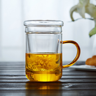 玻璃杯耐高温带把手办公室茶水分离家用带盖喝水杯花茶杯泡茶杯子