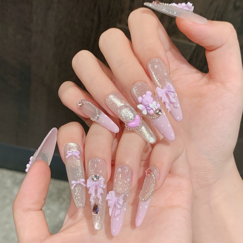 芭蕾小熊纯手工穿戴甲紫色渐变猫眼立体蝴蝶结甜美显白美甲长款