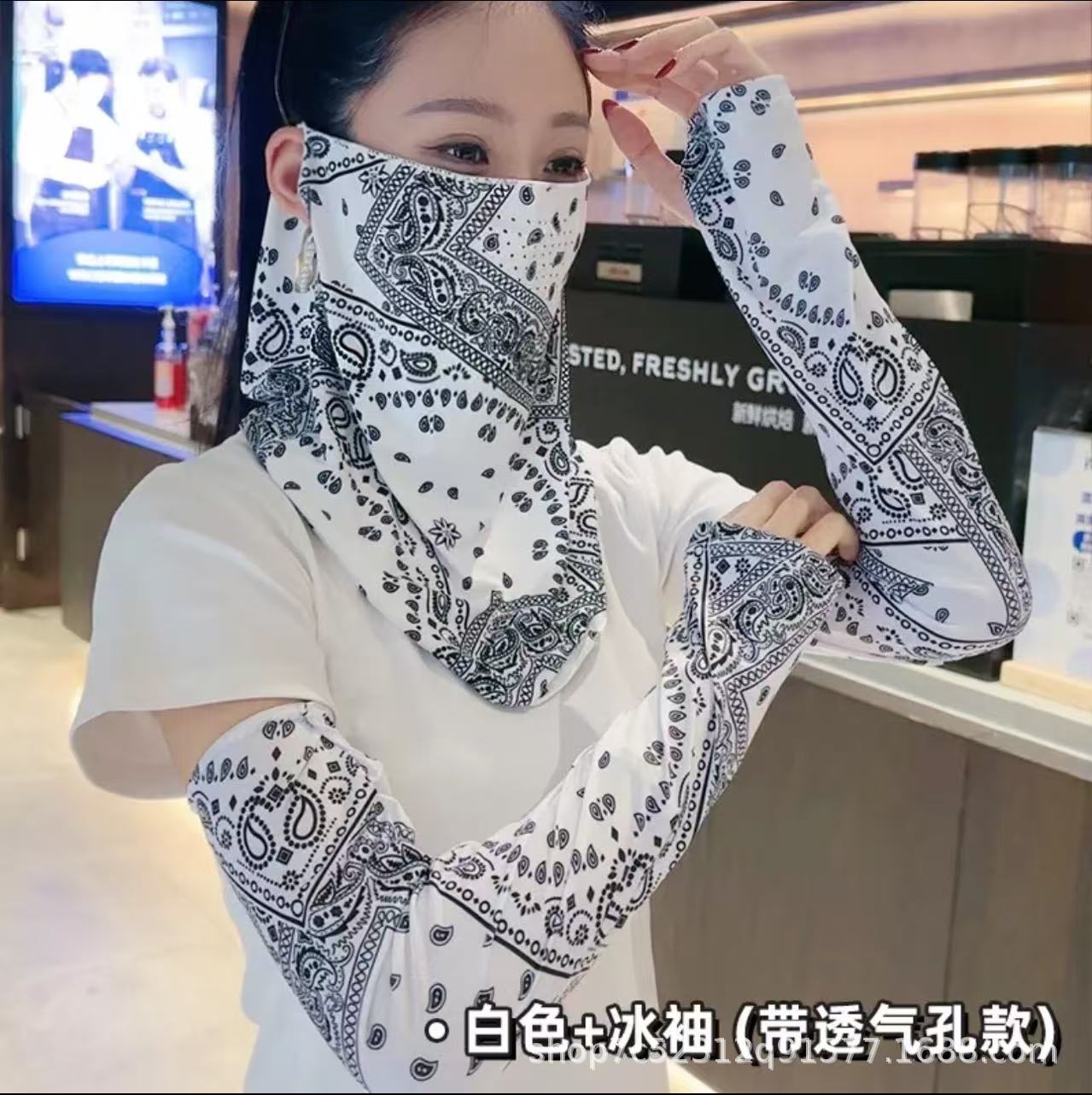 防晒冰丝面罩女全脸护颈一体开车薄款面纱防紫外线腰果花挂耳脸