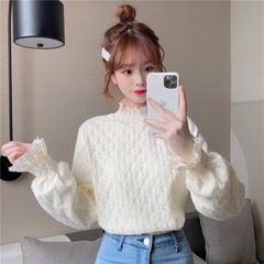 Real shot real price Korean winter half high collar Pullover Lantern Sleeve Plush thickened loose bottomed shirt