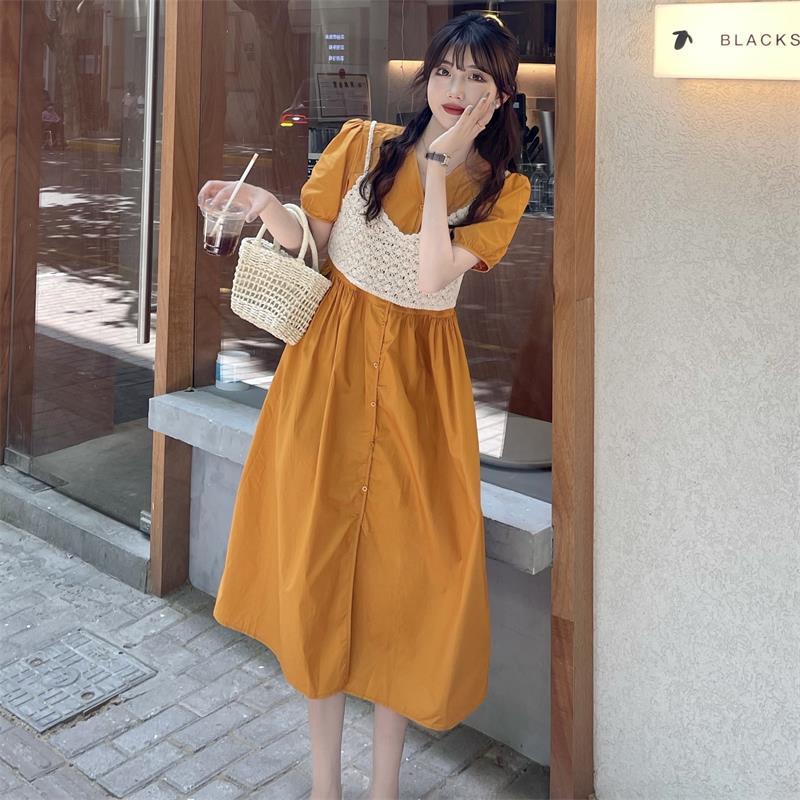 Real shooting / real price can be sweet and salt knitted suspender Vest + gentle wind sweet V-neck dress two-piece set