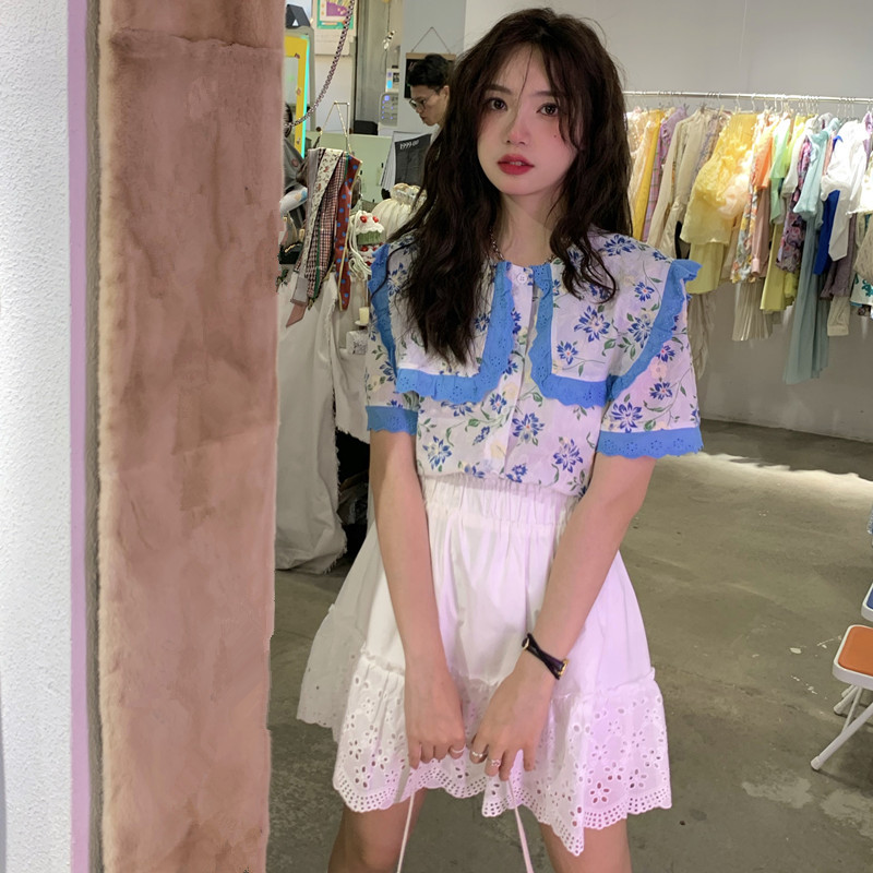 Real shot / real price sweet girl ~ Korean Embroidered Lace Baby collar shirt + white hollow out Girl Skirt