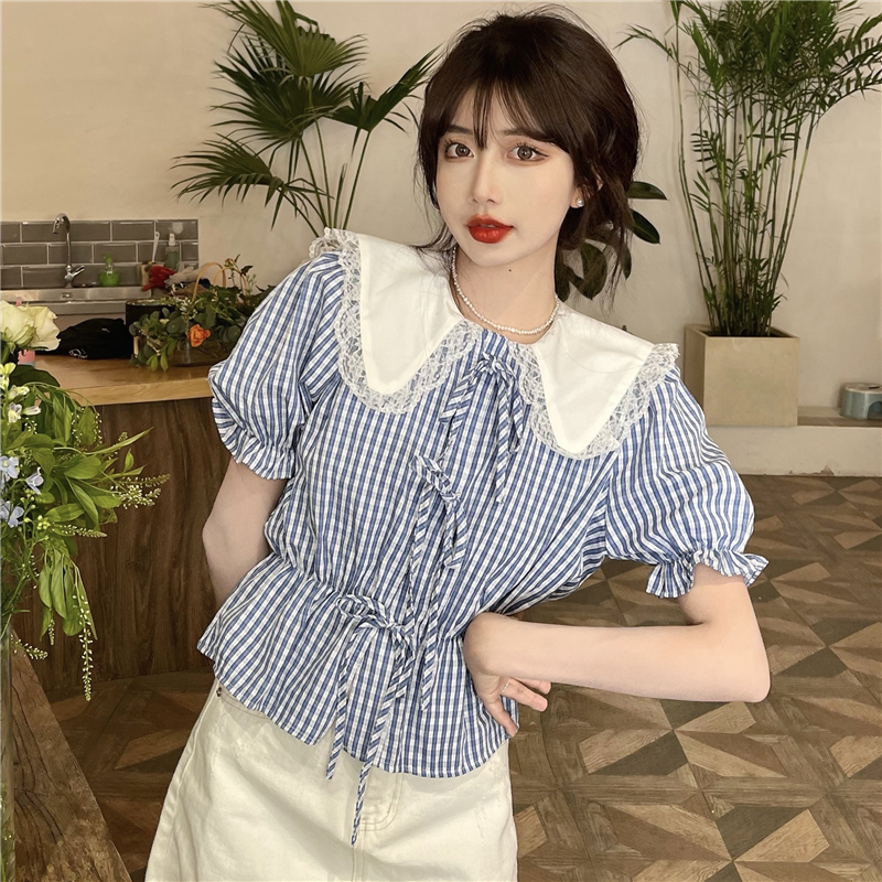 Real shot / real price Korean design feeling lace edge baby collar waist drawstring lace up Plaid Shirt