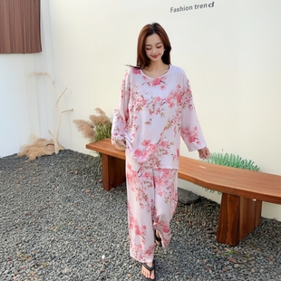 显瘦绵绸七分袖 家居套装 女赫本风度假修身 人造棉长裤 薄款 夏季 大码