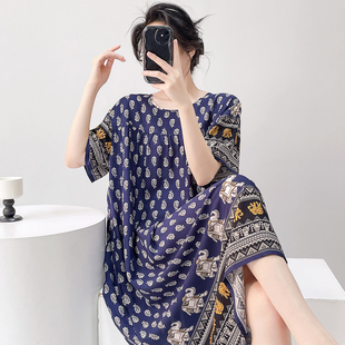 夏季棉绸睡裙女短袖民族风大象连衣裙人造棉大码宽松可外穿家居服