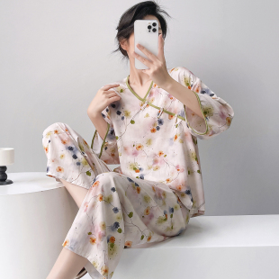 新中式棉绸睡衣女夏季薄款七分袖人造棉家居服春秋季古典国风套装