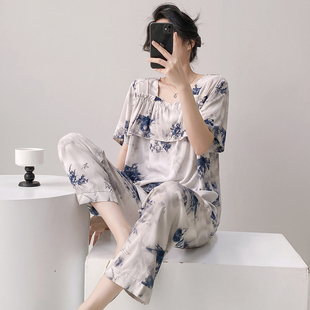 棉绸睡衣女防凸点夏季薄款短袖长裤方领套装国风人造棉外穿家居服