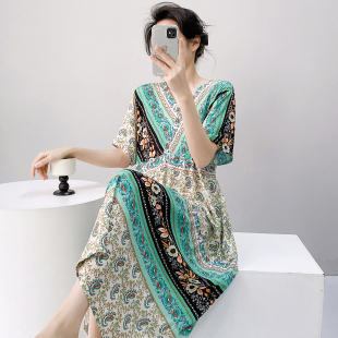 睡衣女波西米亚风口袋长裙度假人造棉沙滩裙 短袖 棉绸睡裙夏季 薄款