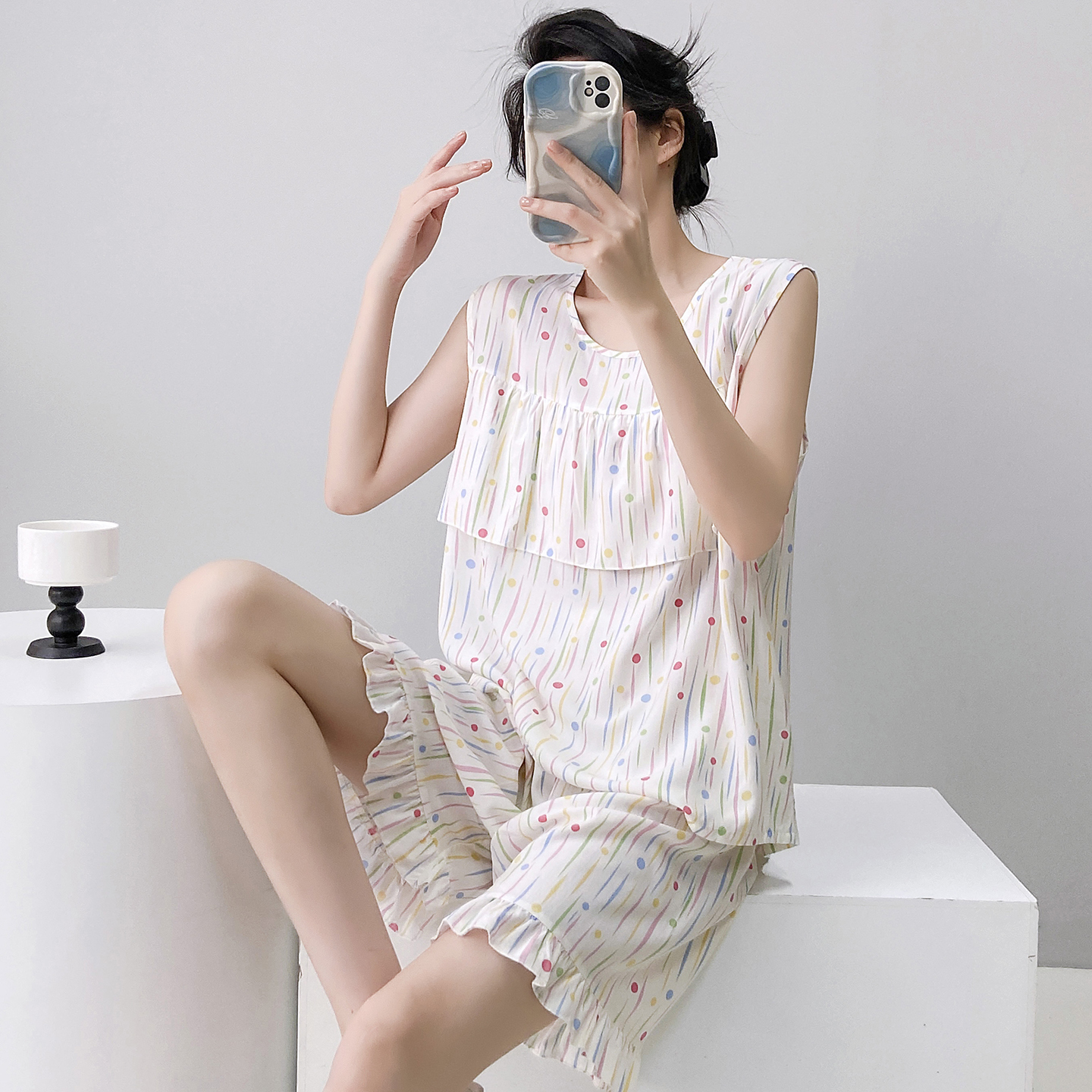 防凸点棉绸睡衣女无袖短裤家居服