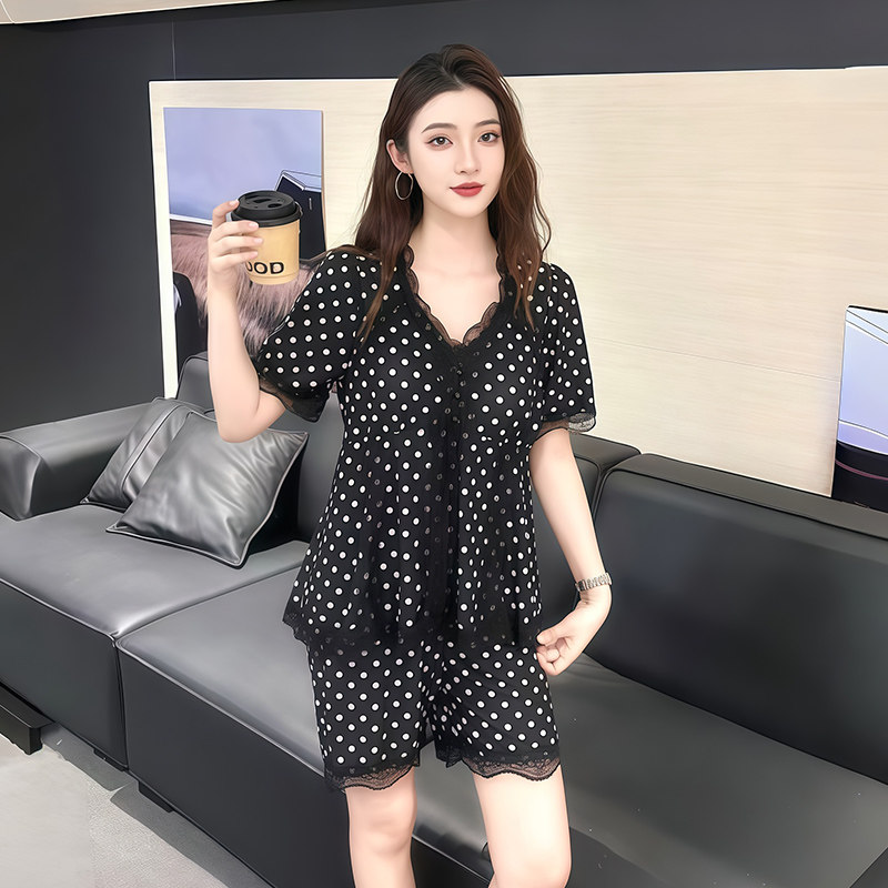 夏季新款短袖两件短裤睡衣蕾丝豹睡衣/家居服套装