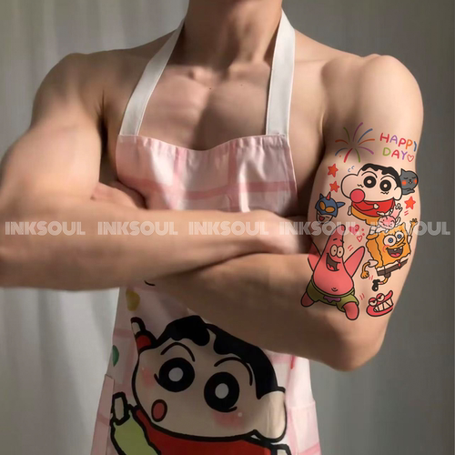 奇妙朋友聚会 | 卡通蜡笔小新可爱花臂海绵宝宝派大星手臂纹身贴