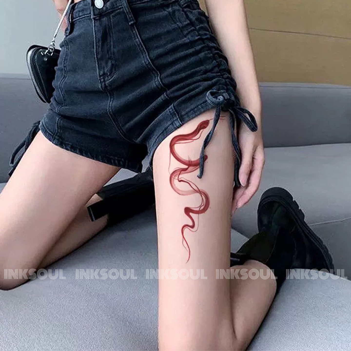 INKSOUL朱蛇绕侧设计蛇形纹身贴