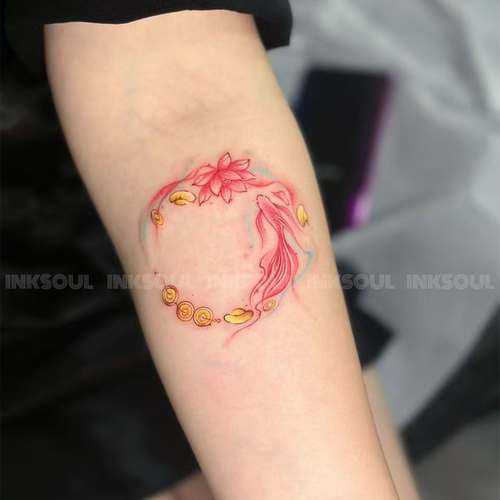 INKSOUL 唯美锦鲤金币手环好运彩色纹身贴清新莲花氛围感遮疤贴纸