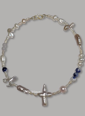 原创小众设计感定制 天然石与异形巴洛克珍珠十字架ins项链choker