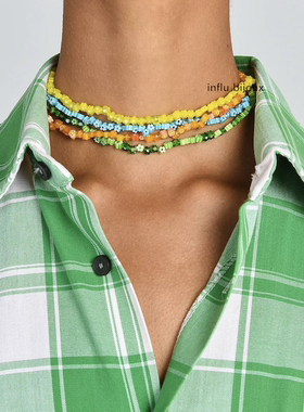 手作ins小众设计定制 春夏彩色琉璃小花朵choker锁骨男eliou项链