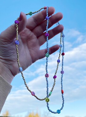 小众设计感wild笑脸串珠撞色项链
