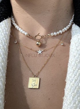 葡萄牙小众圆珠OT扣天然珍珠锁骨链Ins多层叠戴项链choker14k金