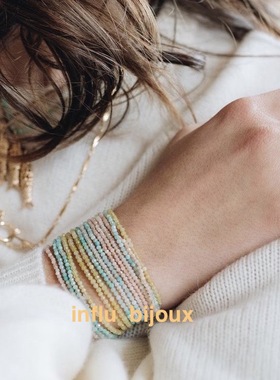 法国小众By Johanne极细天然石水晶海蓝宝青金石粉晶串珠弹力手链