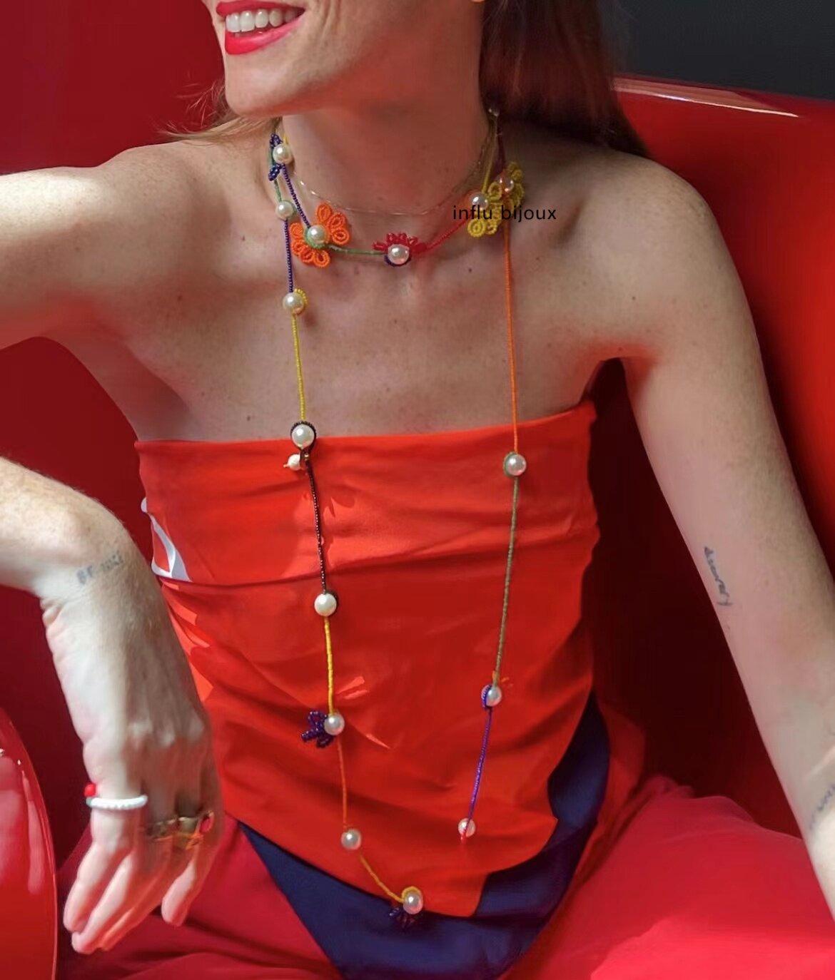 原创设计定制手工串珠彩色荧光色花花 不规则小众ins长款毛衣项链