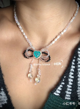 原创小众设计感定制 帕拉伊巴色粉墨蝴蝶结天然珍珠choker短项链