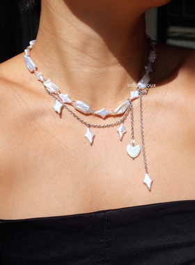 原创手作定制小众设计异形天然珍珠爱心流苏星星choker短项链颈链