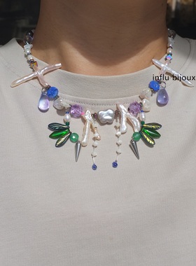 原创独立小众设计 十字架异形珍珠捷克琉璃 翅膀水滴项链