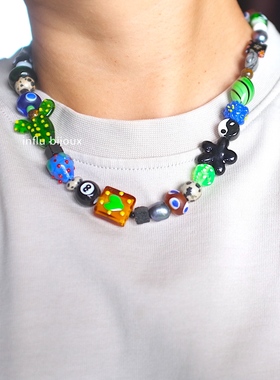 原创小众设计中性黑绿棕色仙人掌琉璃蘑菇虎眼石灰白黑珍珠男项链