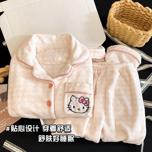 冬季法兰绒女童KT猫甜美睡衣保暖珊瑚绒软软乎乎女孩家居服套装