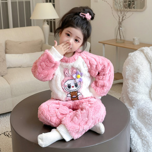 拉布布儿童可爱珊瑚绒睡衣女童冬季保暖法兰绒女孩宝宝卡通家居服