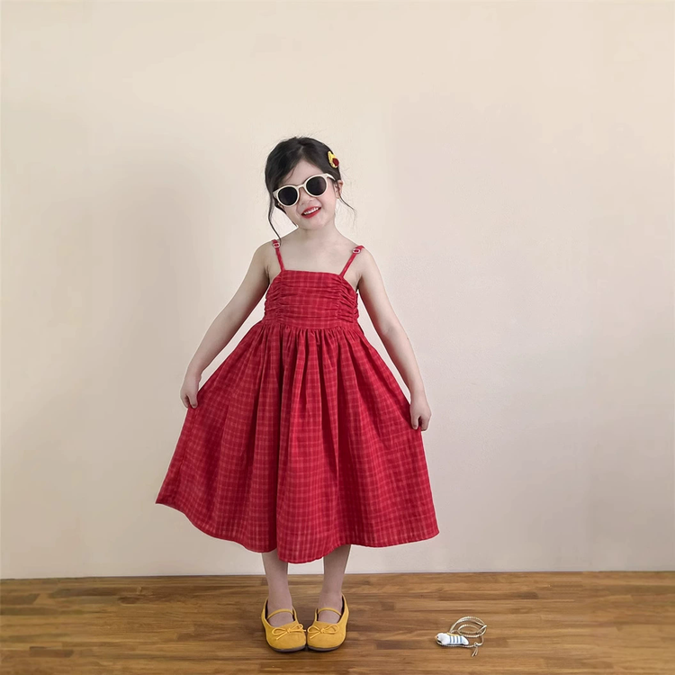 2025新款夏季女童红色格子吊带裙甜美公主风连衣裙百搭出游裙子