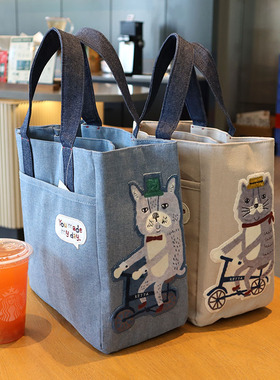 日本kusuguru正品刺绣爬猫带隔层大容量学生不惜带手提包便当包