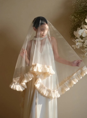 头纱新娘主婚纱长款猪大肠荷叶边头饰摄影拍照造型样片高级感小众