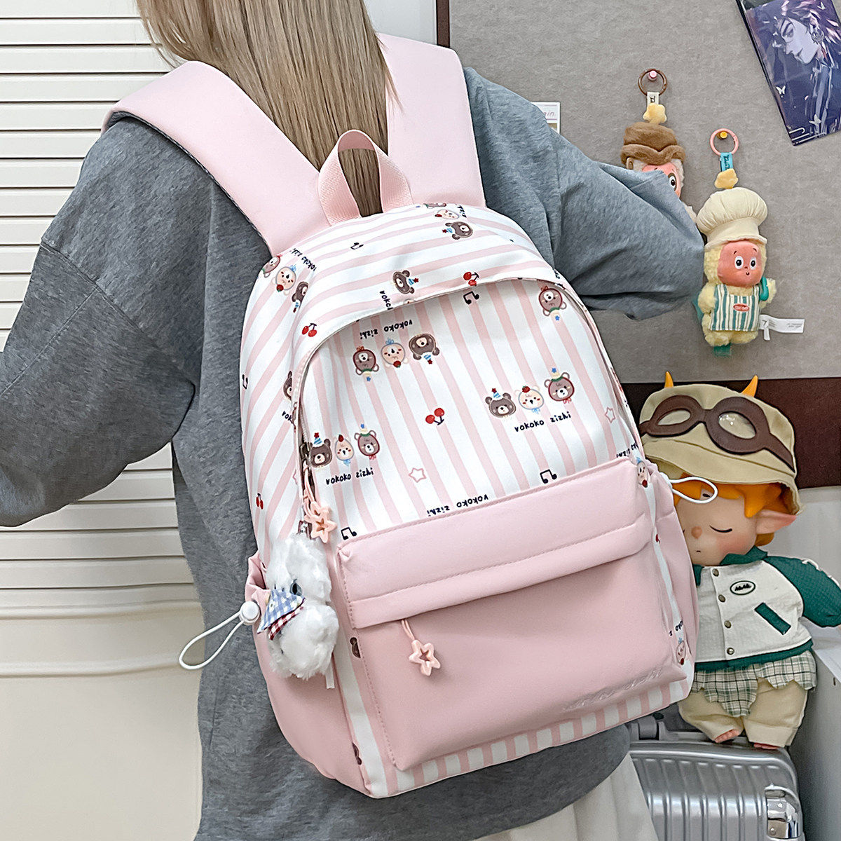 书包女日系小清新甜美印花小熊条纹背包初高中生轻便大容量双肩包