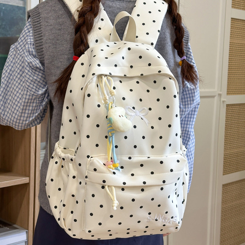 小清新甜美波点双肩包女初中生高颜值大容量书包轻便简约旅行背包