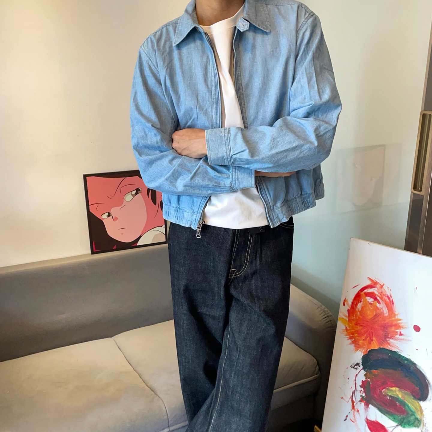 自主拉夫风格SS25小马刺绣翻领拉链宽松休闲牛仔夹克外套上衣男女